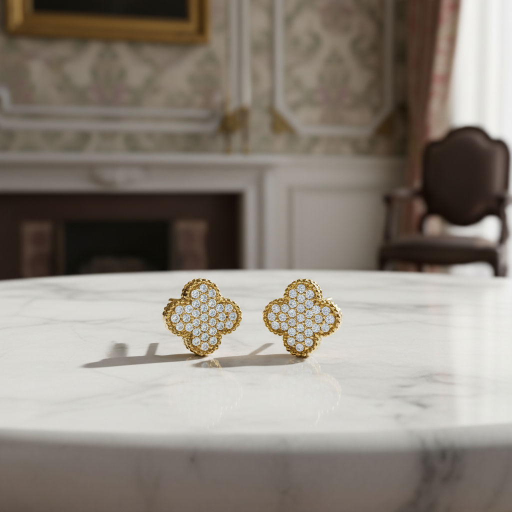Dramatic macro shot of 14K gold diamond four-leaf clover earrings on polished marble, highlighting subtle sparkle, craftsmanship, and elegant design.