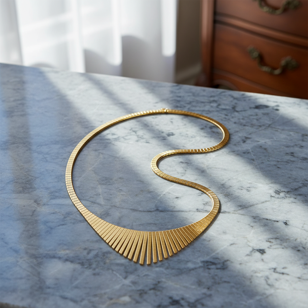 Artistic overhead view of small 14K Gold Cleopatra Omega Necklace lying on textured marble, showcasing fine links and contrasting finishes with soft natural lighting.