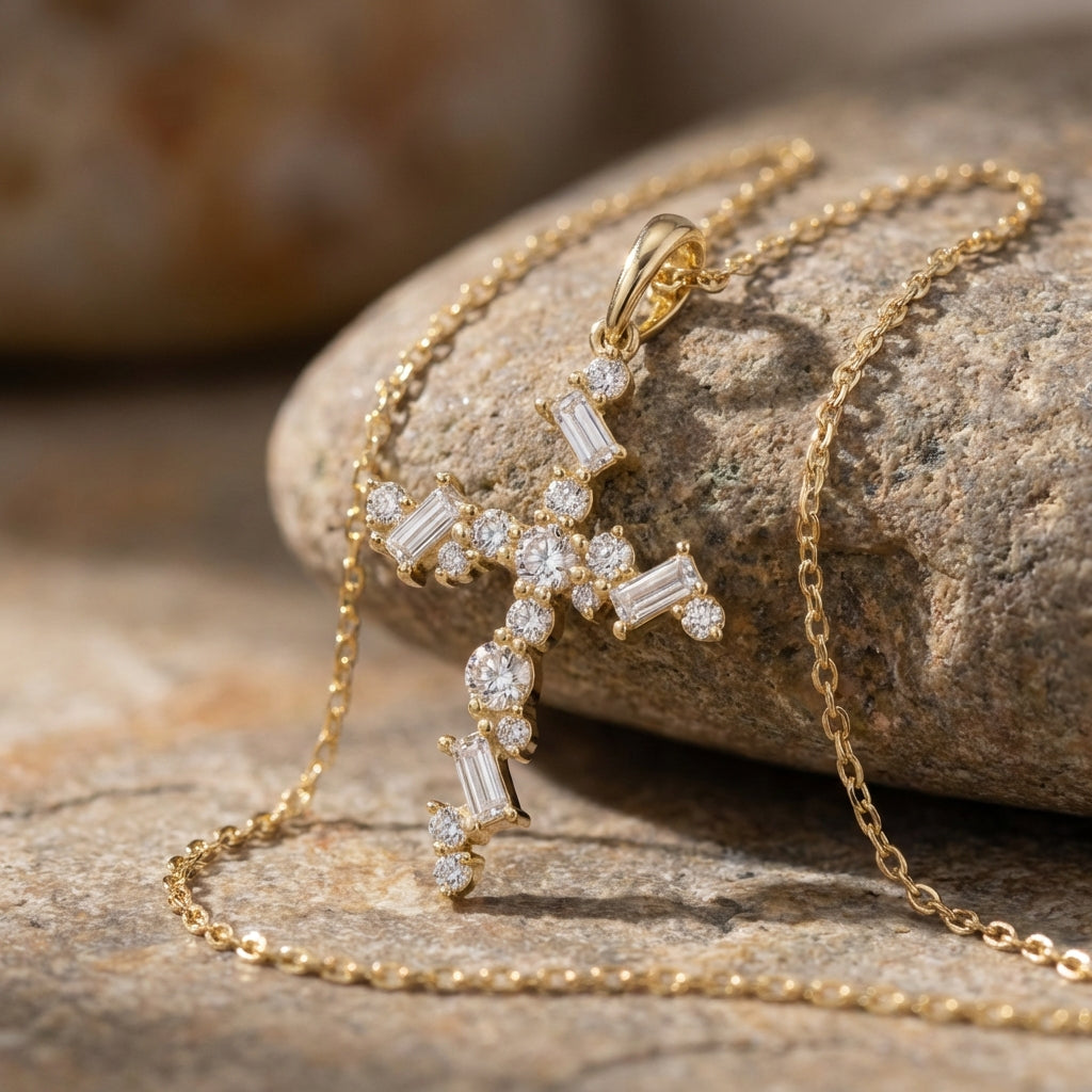 Close-up of the delicate 14k gold cross pendant with scattered diamonds, resting on a natural stone surface, highlighting fine detail and texture.