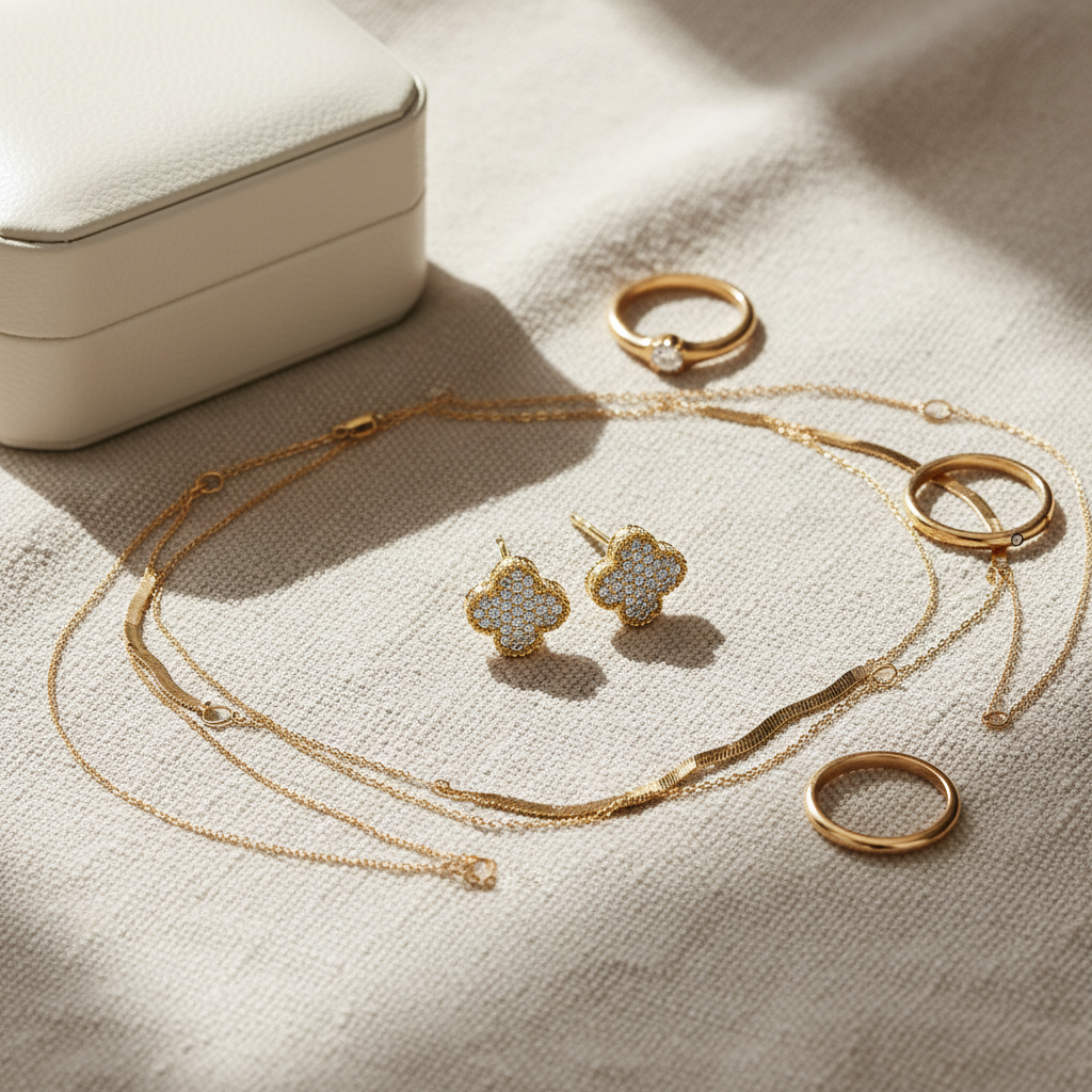 Elegant flat-lay of 14K gold diamond four-leaf clover earrings with gold chains, rings, and jewelry box on textured linen, emphasizing their delicate craftsmanship.