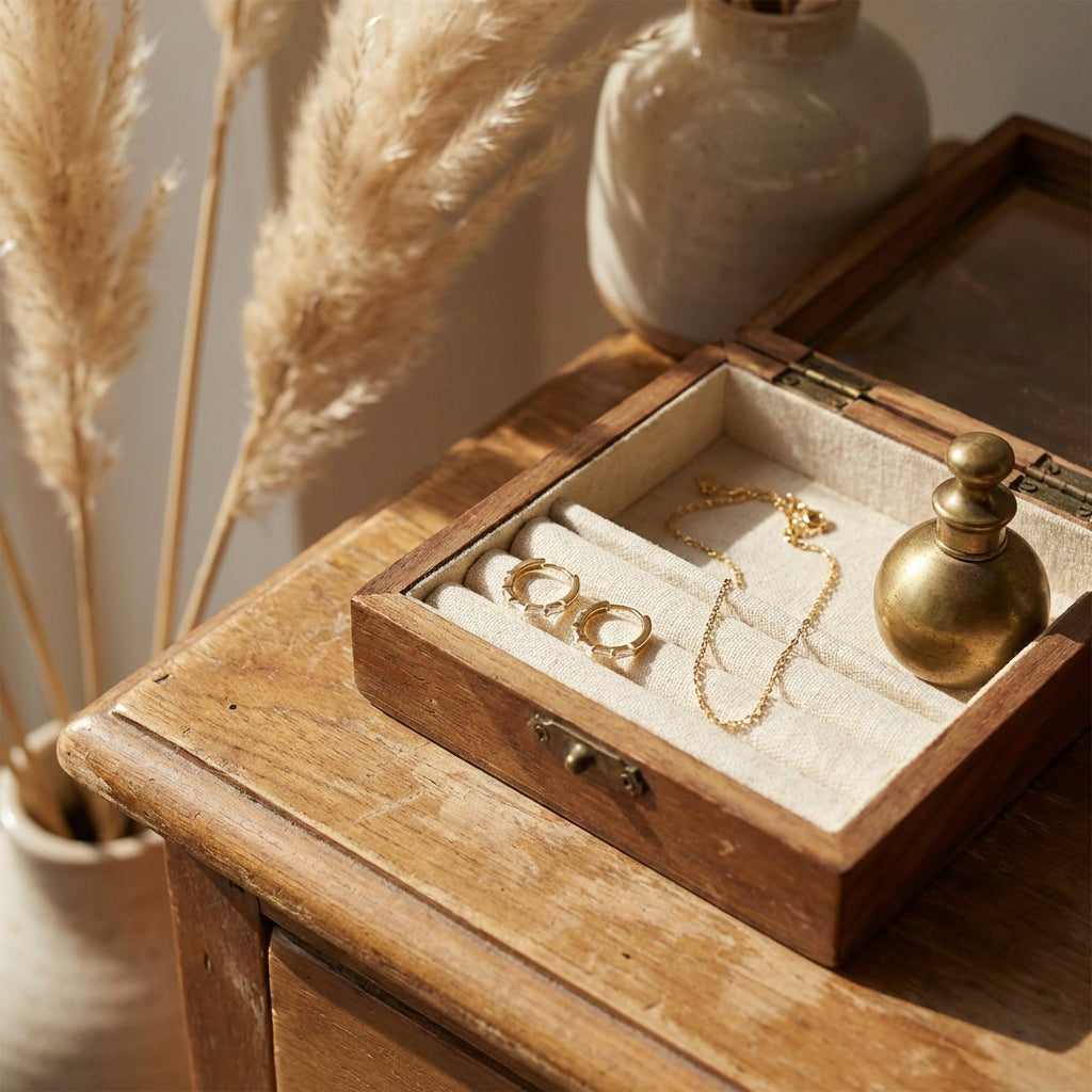 Jewelry box with 14K gold baguette diamond huggie earrings on a velvet backdrop, styled for everyday elegance in a warm, cozy setting.